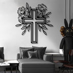 ENJOYOO Metal Cross Wall Decor, Religious Cross Decoration, Flower Metal Wall Art, Garden Wall Art Outdoor (Silver, 30×28in/76×70cm, metal wall art)