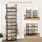 VTRIN 10 Tiers Tall Shoe Rack Holds 20-25 Pairs of Shoes Sturdy Vertical Shoe Organizer with 18pcs Hooks Stackable Narrow Shoe Rack for Closet, Entryway Black