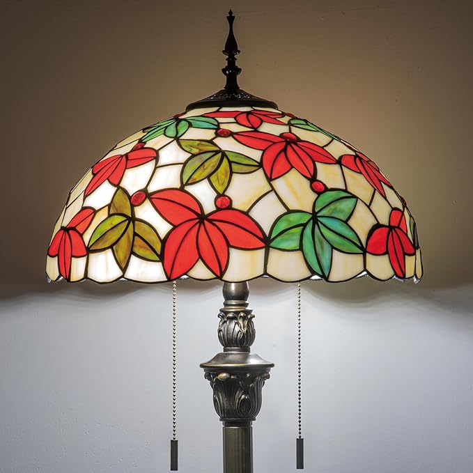 Tiffany Floor Lamp, 16" Stained Glass Maple Leaf Shade with Antique Bronze Base, 2-Light E26 Pull Chain Standing Reading Light for Living Room Bedroom16x16x64 Inches (White Maple Leaf)