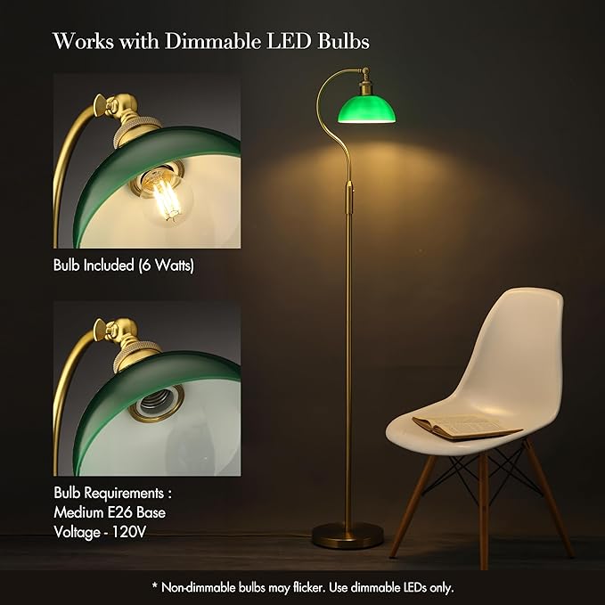 O’Bright Heritage - Banker’s Floor Lamp, 3-Level Touch Dimming, Adjustable Tilt Shade, Removable Lampshade Design, E26 Socket with 6W Dimmable LED Bulb, Green Glass Shade, Antique Brass