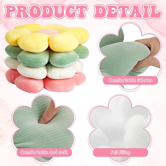 Reginary 4 Pcs Flower Floor Pillows Cute Plush Flower Throw Pillows Daisy Floor Seat Cushion Chair Pads for Back to School First Day of School for Sofa Couch Bed Decor(15 Inch,Light Color)