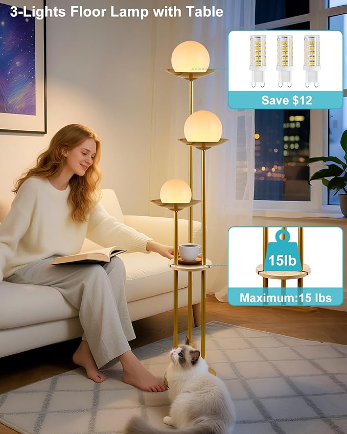 Lightdot Globe Floor Lamp with Shelf 3-Lights Modern Dimmable Floor Lamps for Wedding/Party, 3000K Warm White Bulbs Included, Gold Tall Standing Lamp for Living Room/Bedroom/Sofa Beside/Corner Decor