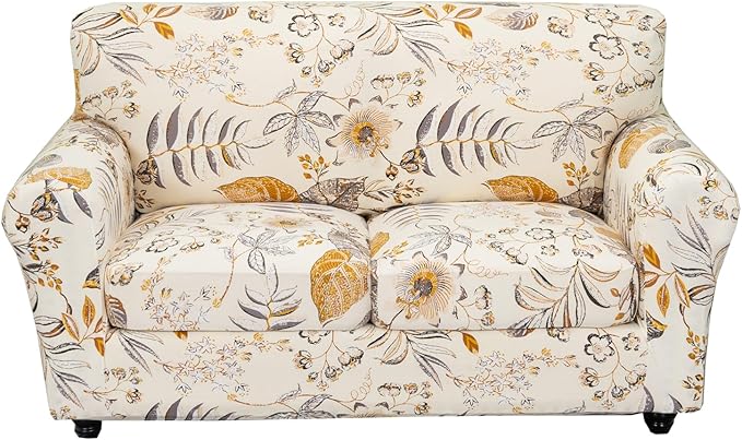 KRFOONN 3 Piece Stretch Sofa Couch Covers for 2 Cushion Couches Printed Sofa Loveseat Slipcover with 2 Separate Seat Cushion Covers Washable Sofa Slip Covers Furniture Protector(Loveseat, Color32)