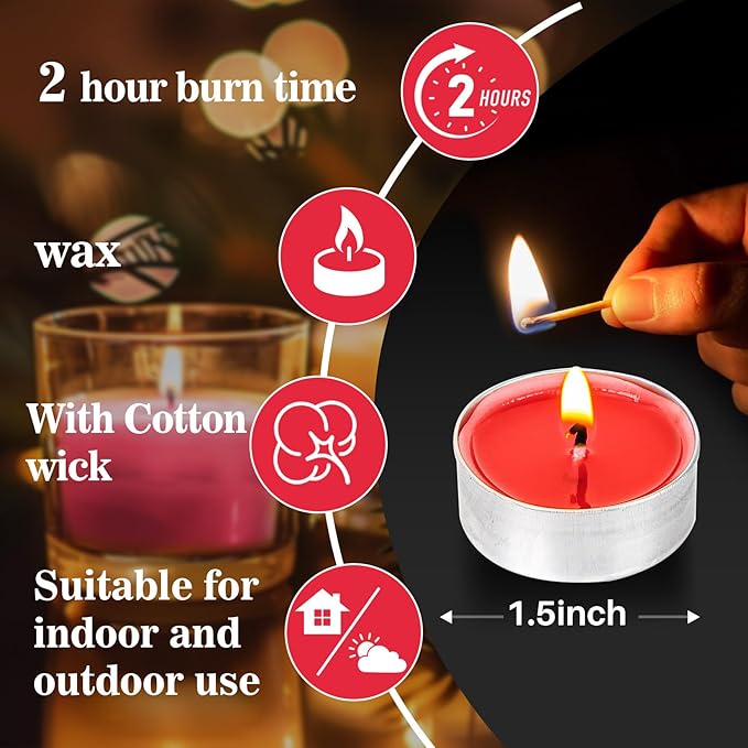 Red Tea Lights Candle Set - 25 Pcs Mini Tealight Candles Unscented Votive Soy Candle for Home, Pool, Shabbat, Wedding, Emergencies, Christmas