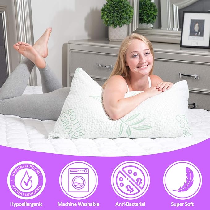 Queen Size Rayon Derived from Bamboo Pillow for Sleeping, Cooling Shredded Memory Foam Bed Pillows Set – Back, Stomach, Side Sleepers, Removable Cover, Adjustable to Firm / Soft, Queen (Pack of 1)