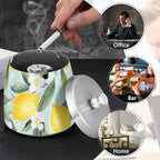 Lemon White Flowers Blue Pattern Ashtray with Lid, Outdoor Ashtrays for Patio, Stainless Steel Ashtray Odorless Smokeless for Home Office Balcony