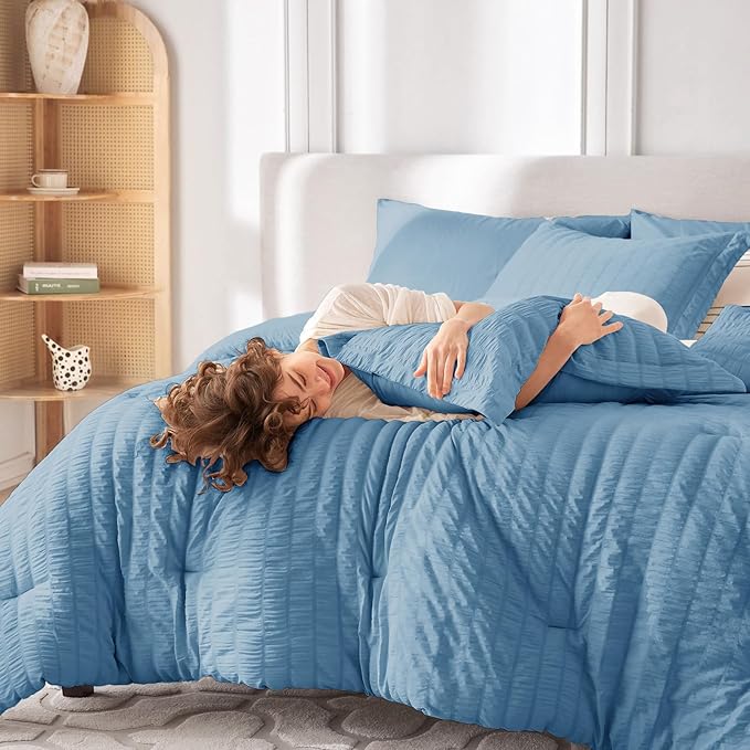MUXHOMO 7 Pieces Queen Comforter Set, Seersucker Bed in a Bag Queen Size, All Season Luxury Bedding Set with Comforter, Flat Sheet, Fitted Sheet, Pillowcases & Shams, Mineral Blue