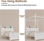 Full Upholstered Canopy Bed Frame with 2 Drawers & Crystal Tufted Storage Headboard Metal Platform Bed with Charging Station & 4 Removable Posts No Box Spring Needed Curtain Not Included, Beige