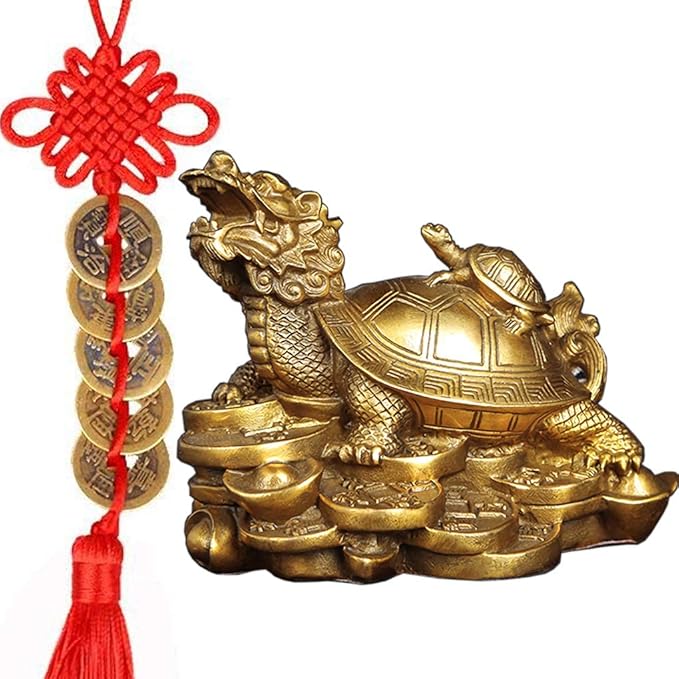 Amperer Feng Shui Brass Dragon Turtle Statue Wealth Prosperity Sculpture with Set of 5 Lucky Charm Ancient Coins on Red String Best Housewarming Congratulatory Gift Home Decor (C2 Dragon Turtle)