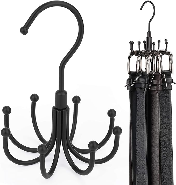 ZEDODIER Belt Hanger, Rotatable Belt Rack Closet Accessories Organizer, Maximum 24 Storage Capacity, Hanging Holder Storage Hook for Belt, Bra, Tank Top, Tie, Scarf, Purse, Black
