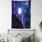 Ambesonne Moon Tapestry Twin Size, Northern Imagery Aurora Borealis Wolf Forest Starry Night, Wall Hanging Bedspread Bed Cover Wall Decor, 68" X 88", Magenta Indigo