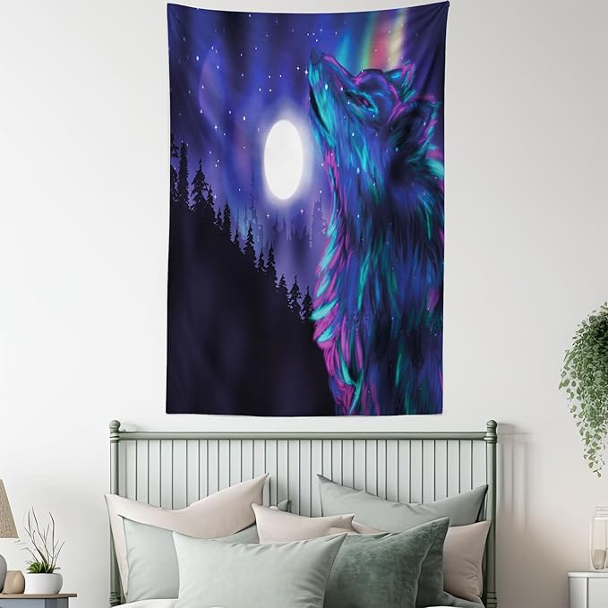 Ambesonne Moon Tapestry Queen Size, Northern Imagery Aurora Borealis Wolf Forest Starry Night, Wall Hanging Bedspread Bed Cover Wall Decor, 88" X 88", Magenta Indigo