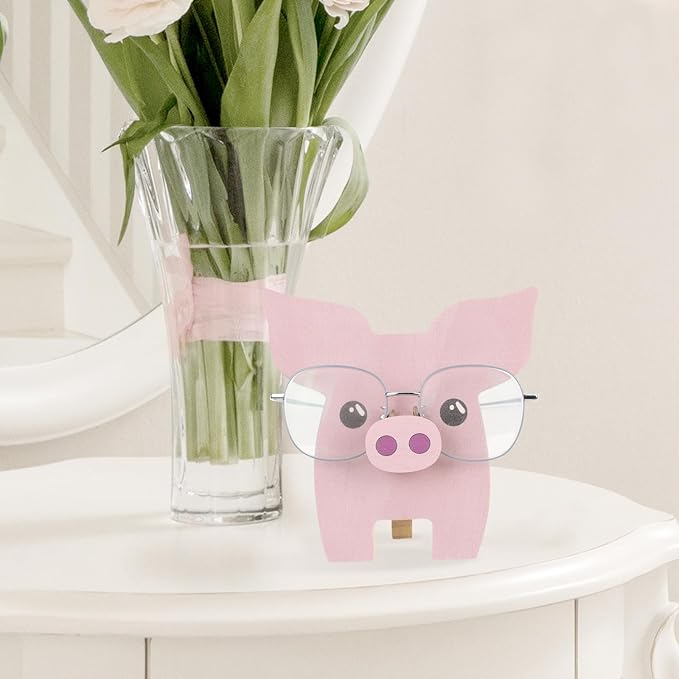 Wooden Pig Figurine Eyeglass Holder Glasses Organizer Stand Desktop Sunglasses Display Rack Wood Carving Decoration for Office Table