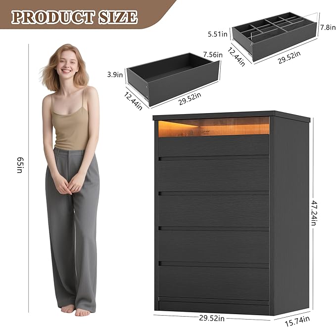 Larger Black 5 Drawer Dresser for Bedroom with LED Light, Modern Chest of Drawers with Hidden Handles, Tall Wooden Dresser Closet for Living Room, Entryway, Hallway - Black