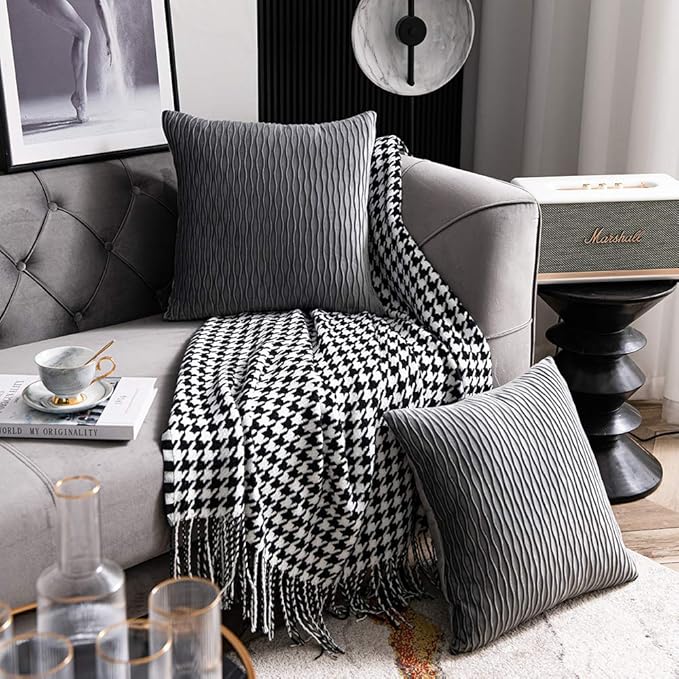 Grey Striped Decorative Pillow Cases: 2 Pack 24x24 Inch Original Velvet Square Throw Pillow Covers for Farmhouse Couch