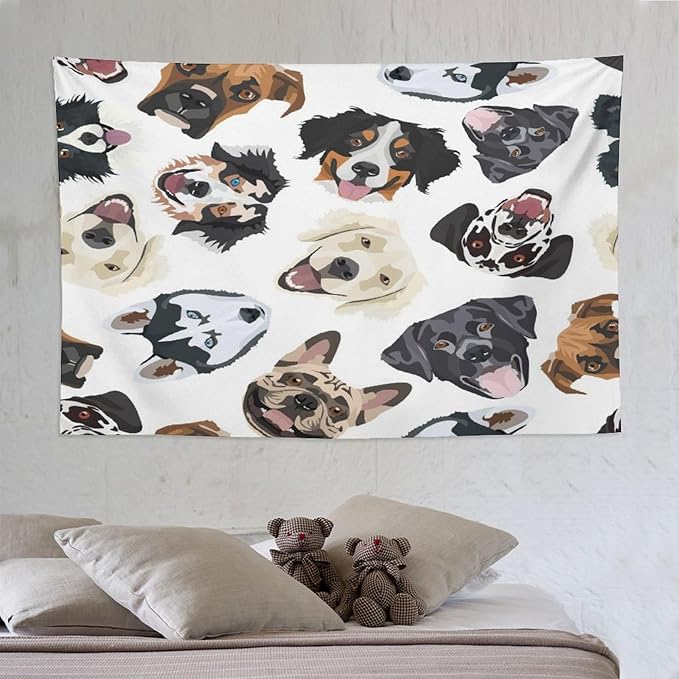 VUMIVI Dog-Head Tapestry Cartoon Pet Illustrations Cute Funny Animals Colorful Graffiti Tapestry Wall Hanging for Living Room Bedroom Dorm Classroom Aesthetic Decor W90xL60in