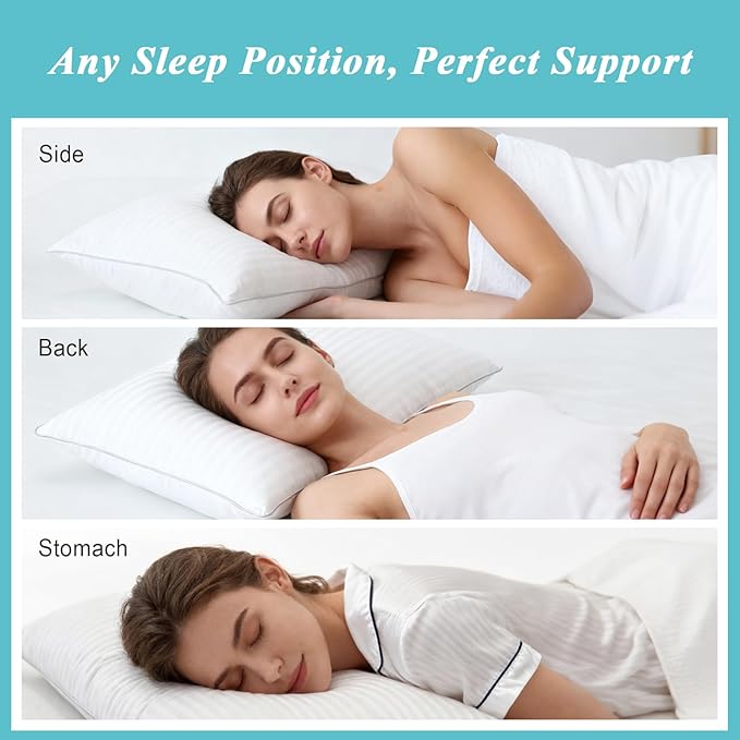 Bed Pillows Queen Size Set of 2-100% Cotton Cover, Down Alternative Gel Polyfill Filled, Flat Soft Medium Adjustable Hotel-Style Pillow Inserts, 20x30 Inch