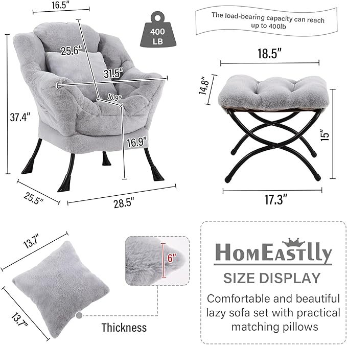 Lazy Chair with Ottoman, Large White Gray Lounge Accent Chair with Ottoman and FA Throw Pillow, Comfy Plush Reading Chair for Living Room Bedroom Dorm Room Office Apartment Relaxing Use