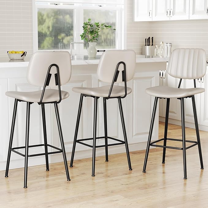 29-Inch Leather Bar Stools Set of 3, Counter Height Barstools with High Backrest，Bar Chairs for Kitchen Island with Heavy Duty Metal Legs, Beige