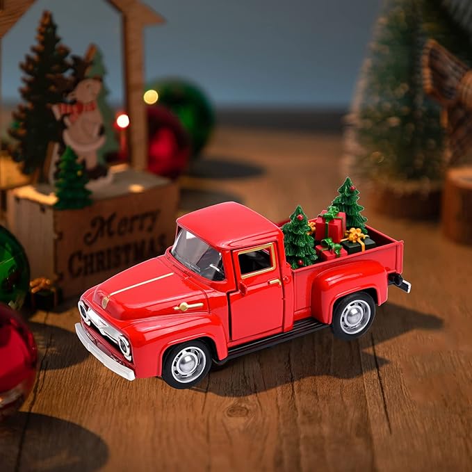 Christmas Red Truck Decor with Xmas Tree and Gifts Bags Little Red Pickup Metal Vehicle Vintage Christmas Decorations Rustic Farmhouse Table Decor Tiered Tray decor kitchen Shelf Decor Home Decor