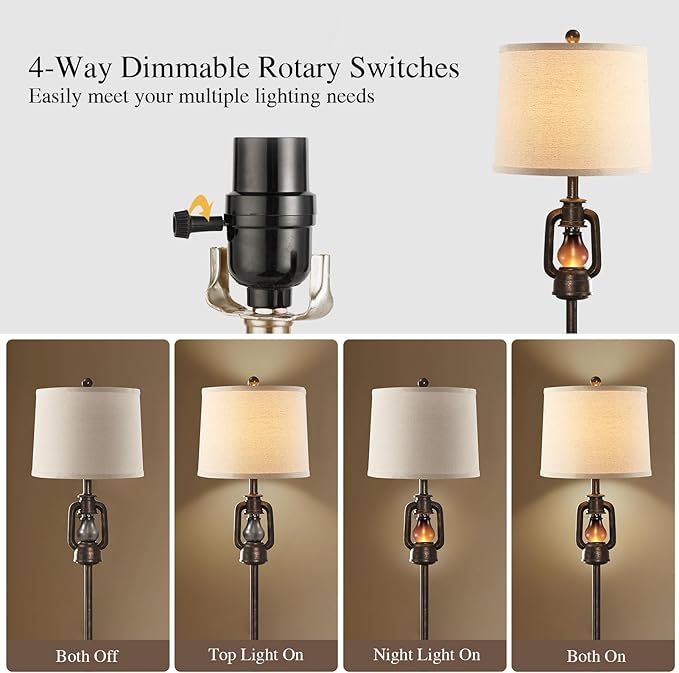 63'' Farmhouse Lantern Floor Lamp for Living Room with 2 Light Sources, Rustic Vintage Resin Tall Standing Lamp with Glass Night Light for Bedroom Office Study Room, Bulb Included (Bronze)