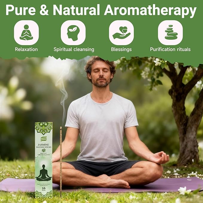 Jasmine Incense Sticks Natural - 16 Sticks Handcrafted Jasmine Sticks for Relaxation, Meditation, Yoga, Spiritual Purification & Home Ambiance | inciensos aromaticos para la casa