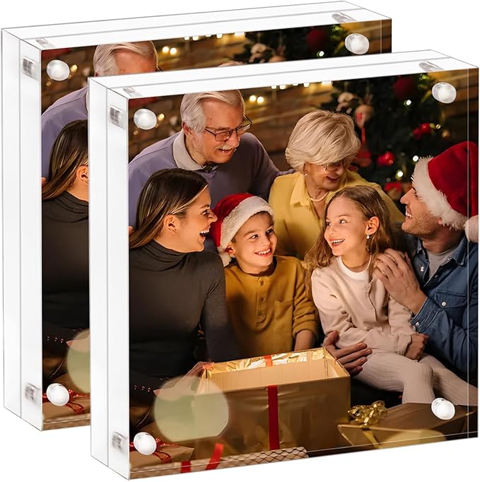 Acrylic Picture Frame 8x8-2 Pack, Clear Double Sided Frameless Photo Frame with Magnetic, Free Standing Desktop Acrylic Frame Display, Lucite Frame with Gift Box Package, 12+12mm Thickness