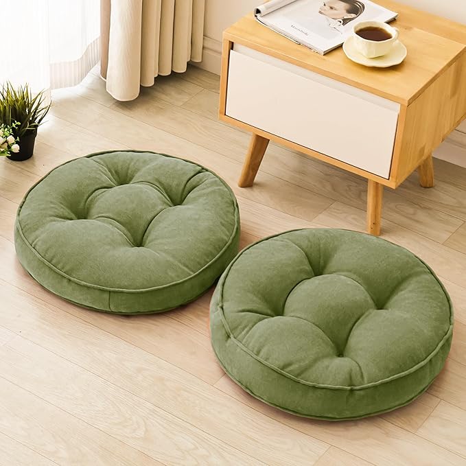 Floor Pillow Set of 2, Memory Foam Floor Cushions for Adults, Large Meditation Pillow for Sitting, 22 x 22 Inches (Round | Green)
