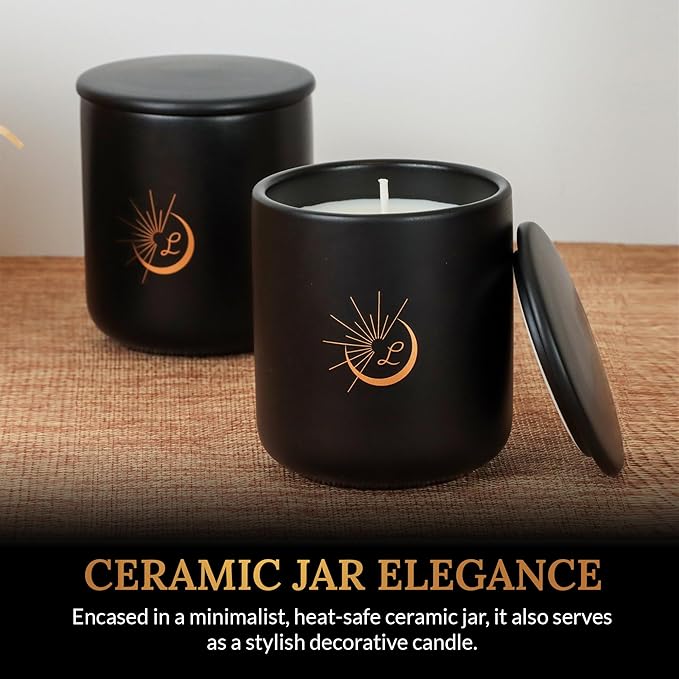 Sandalwood Soy Wax Candle 8.8oz — Matte Black Ceramic Jar, Cotton Wick — Long-Lasting 52-Hour Clean Burn — Aromatherapy Gift Candle for Men and Women, Bedroom and Living Room