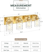 4-Light Bathroom Light Fixtures, 24.5 Inch Brushed Gold Vanity Lights with Clear Hammered Glass Cylinder Shade, Modern Vanity Lighting Fixture Over Mirror, VL198-BG-4