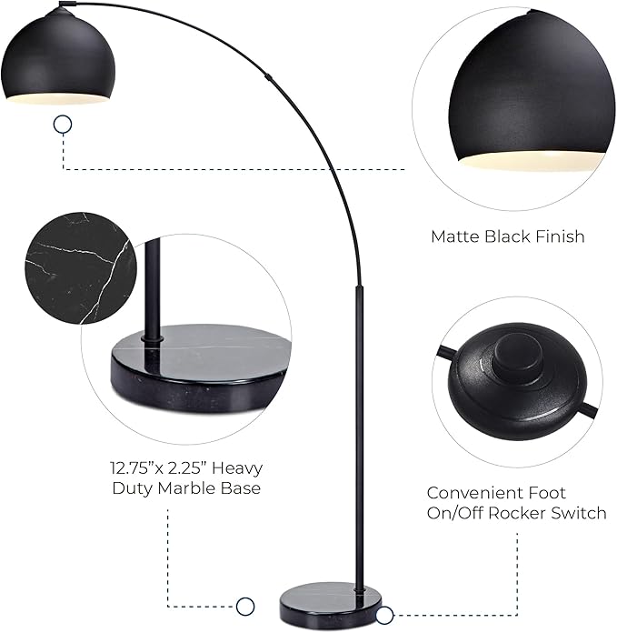 Teamson Home Arquer 66.93" Arc Floor Lamp for Living Rooms, Home Offices, Dining Rooms, Bedrooms with Faux Black Marble Base and Black Bell Shade