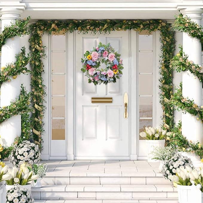 24 Inch Spring Summer Wreaths for Front Door, Spring Summer Door Wreaths, Floral Flowers Wreath with Pink Peony,Rose,Blue Hydrangea,Sunflower,Large Wreaths for Spring Summer Outdoor Home Decor