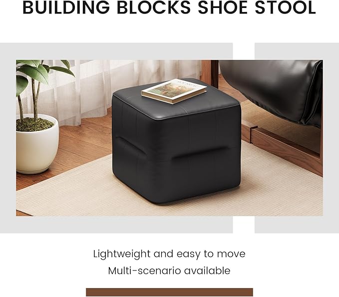 Black PU Cube Pouf Vanity Ottoman, Square Faux Leather Footrest Vanity Stool for Living Room, Bedroom, Kids Room, Comfy Floor Pouf for Home Decor