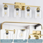 Modern Brushed Gold 4 Light Bathroom Light Fixtures, 24 inch Vanity Lights for Bathroom with Clear Glass, Bathroom Vanity Light for Mirror Kitchen Living Room Hallway Cabinet Porch