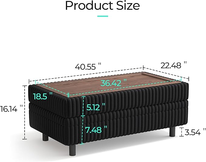 LINSY HOME Sectional Sleeper Sofa Storage Ottoman Bench, Convertible Coffee Table Plush Corduroy Couch Ottoman Footstool for Living Room, Bedroom Entryway and Family Room, Black