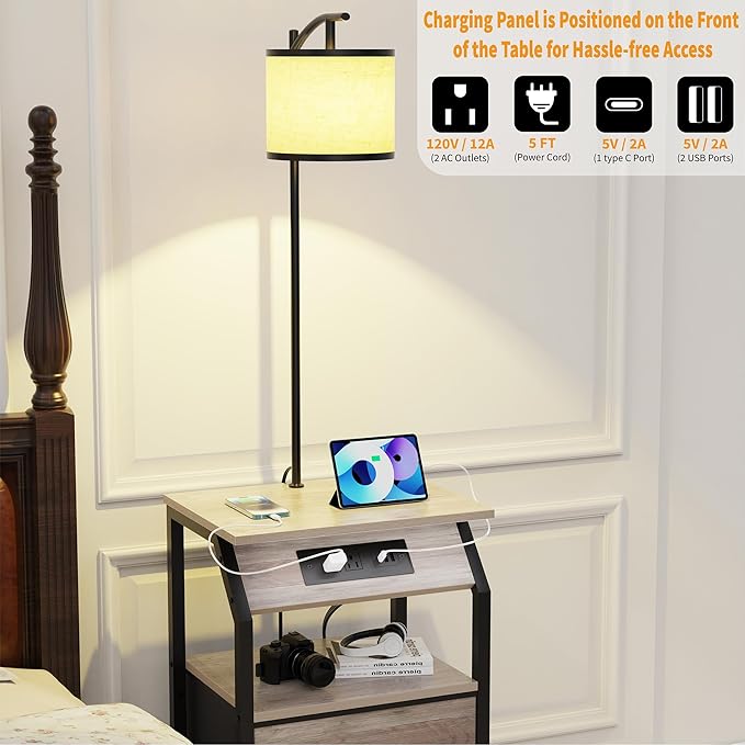 End Table with Floor Lamp, Nightstand with Charging Station, Floor Lamp Table with 3-Color Temperature Bulb, Bedside Table Night Stand with 2 Drawers for Bedroom, Living Room, Greige