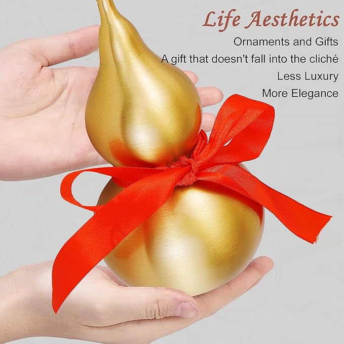 Feng Shui Wu Lou Brass Gourd with Red Luck Strip for Charm Prosperity Home Furnishing Decor, 7.87inch Tall, Full Brass, Fortune Protection, Bring Good Luck, Safty, Healthy, Success