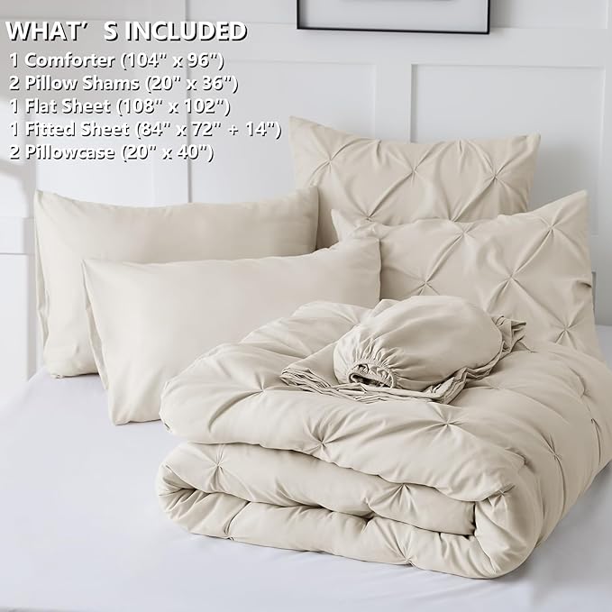 CozyLux California King Comforter Set Beige - 7 Pieces Cal King Bed in A Bag Gift for Family, Pinch Pleat Bedding Sets with All Season Comforter, Sheets, Pillowcases & Shams