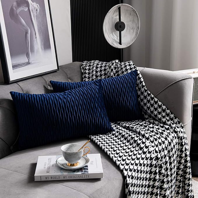 Navy Striped Couch Pillow Cases: 2 Pack 12x20 Inch Original Velvet Rectangular Throw Pillow Covers for Farmhouse Home Decor