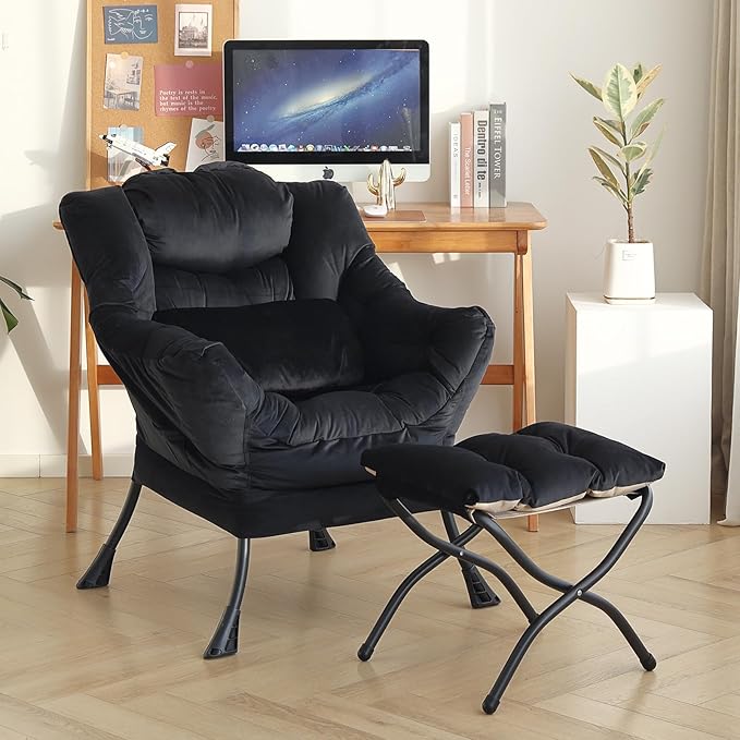 Lazy Chair with Ottoman, Modern Accent Chair with Lumbar Pillow, Velvet Black Sofa, Lounge Chairs with Folding Footrest, Oversized Supportive Chairs for Bedroom, Reading