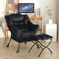 Lazy Chair with Ottoman, Modern Accent Chair with Lumbar Pillow, Velvet Black Sofa, Lounge Chairs with Folding Footrest, Oversized Supportive Chairs for Bedroom, Reading