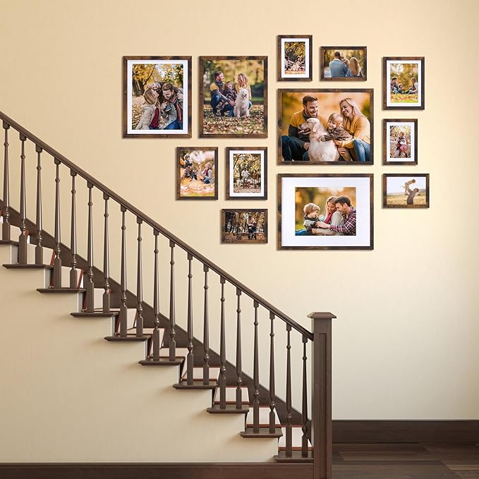 Lyeasw 5x7 Picture Frame 15 Pack, Display Pictures 5x7 with Mat or 6x8 without Mat, Brown Rustic Bulk Photo Frames for Wall or Tabletop