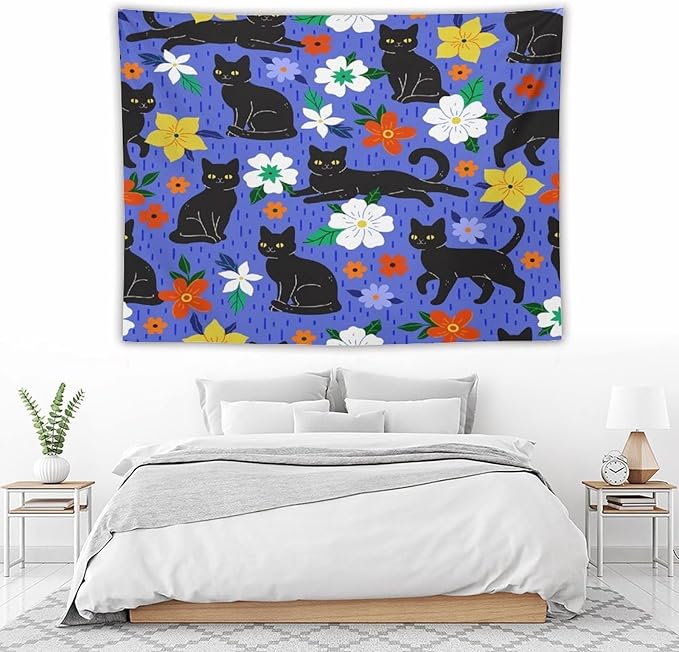 VUMIVI Black Cat Floral Tapestry Red White Hand-Painted Flowers Cute Animals Kids' Doodles Tapestry Wall Hanging for Living Room Bedroom Dorm Classroom Aesthetic Decor W80xL60in