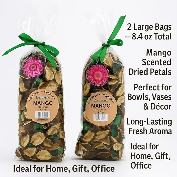 Mango Scented Potpourri Bags – 2 Large Packs, 8.4 oz Total – Dried Petals & Botanicals for Bowls & Vases – Long-Lasting Aroma for Home Décor, Office, Bathroom, Gift Use