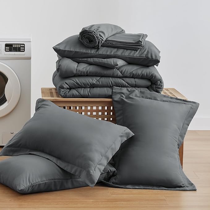 Love's cabin Oversized Queen Comforter Set Dark Grey, 7 Pieces Queen Bed in a Bag, All Season Queen Bedding Sets with 1 Comforter, 1 Flat Sheet, 1 Fitted Sheet, 2 Pillowcase and 2 Pillow Sham