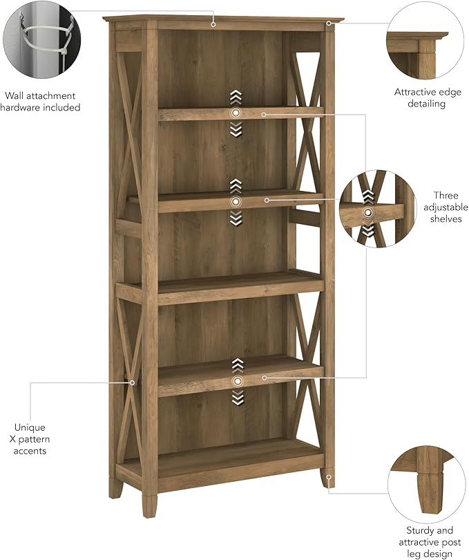 Bush Home Tall 5 Shelf Bookcase for Living Room or Home Office, Large Bookshelf, Modern Farmhouse Style, Key West Collection, Reclaimed Pine