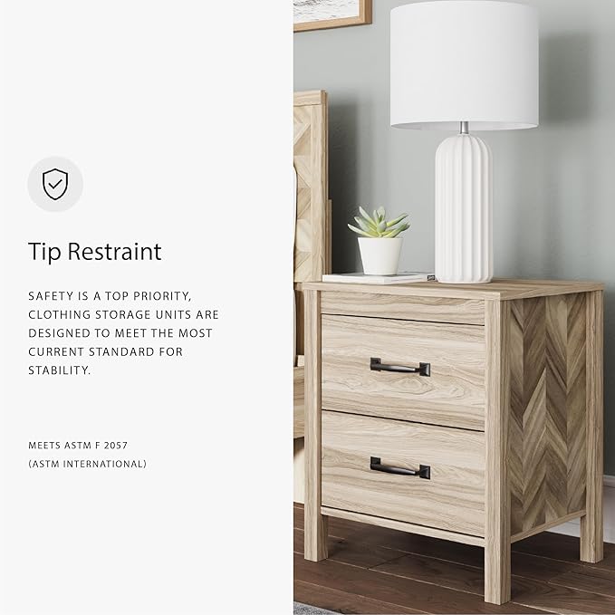 Signature Design by Ashley Battelle Mid-Century Modern Nightstand with Chevron Pattern, 2 Storage Drawers, Dark-Color Hardware, Wood, 24.5" High, Light Brown
