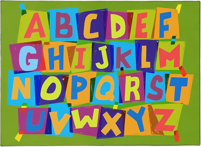 Booooom Jackson Classroom Rug Elementary 6’7'’ x 9', ABC Classroom Carpet Green Preshool Rugs for School, Classroom Area Rug Educational Carpet with Alphabet Non-Slip Backing,