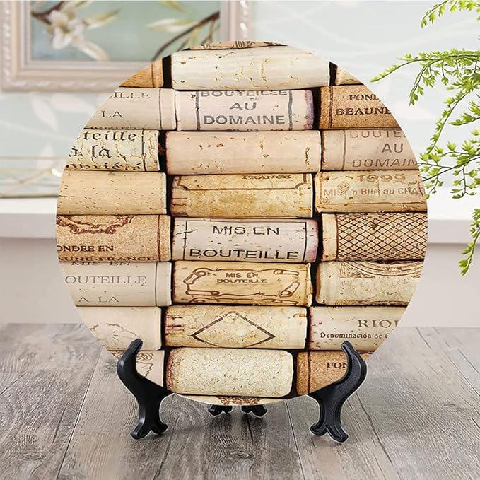 Ceramic Plates, Winery Decorative Ceramic Plates, Different Wine Corks Arranged in Line Collections, 8 Inch, Household Plates Decorative, Ivory Pale Brown