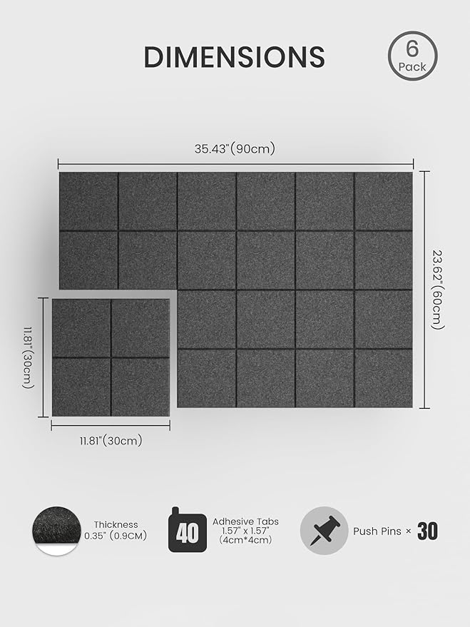 Bumusty Large Felt Bulletin Board, 36" x 24" Cork Board Alternative, 6-Pack Wall Tiles with 4-Compartment Design, 30 Push Pins, 40 Adhesive Tabs, Ideal for Office & Home Decor, Charcoal Gray